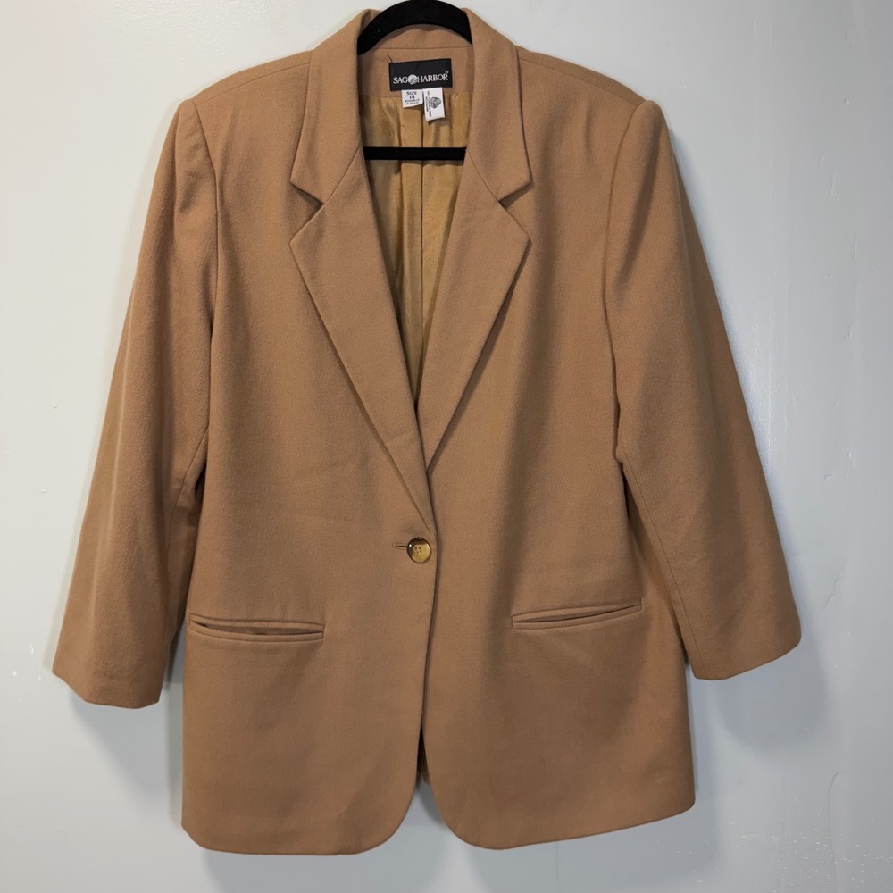 Vintage Sag Harbor Tan Camel Wool Blazer Jacket F03073 Tan Size 14